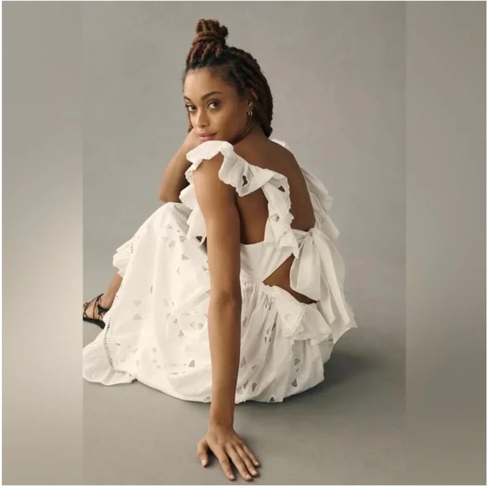 Anthropologie Forever That Girl White Tie Open Back‎ Midi Ruffle Eyelet Dress M